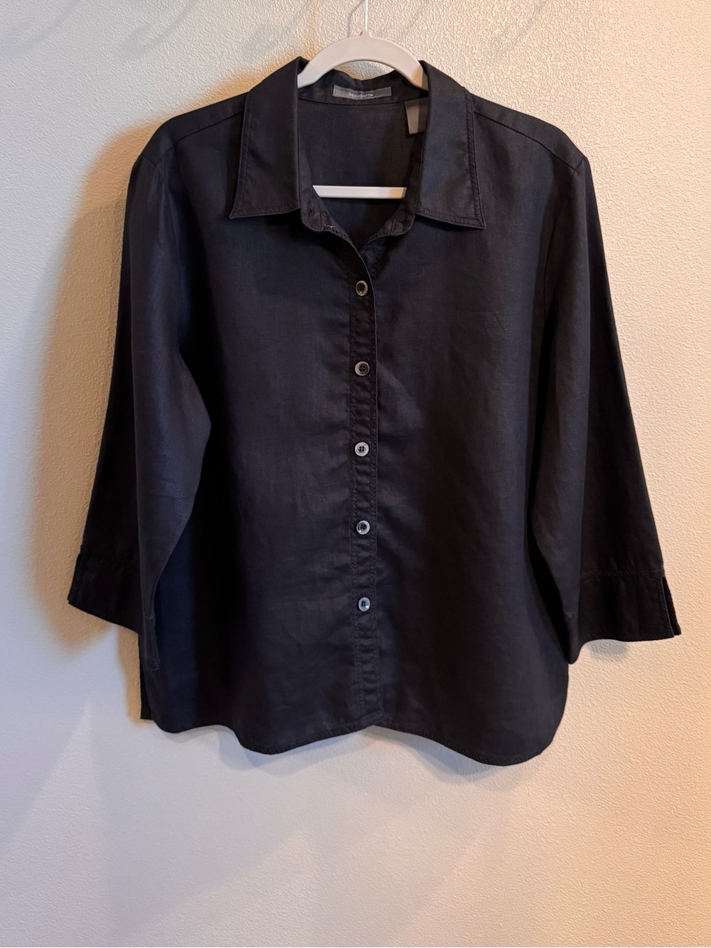 Liz Claiborne Black 100% Linen 3/4 Sleeve Button-Down Collared Shirt
